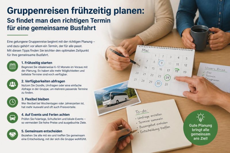Gruppenreisen frühzeitig planen: So findet man den richtigen Termin für eine gemeinsame Busfahrt