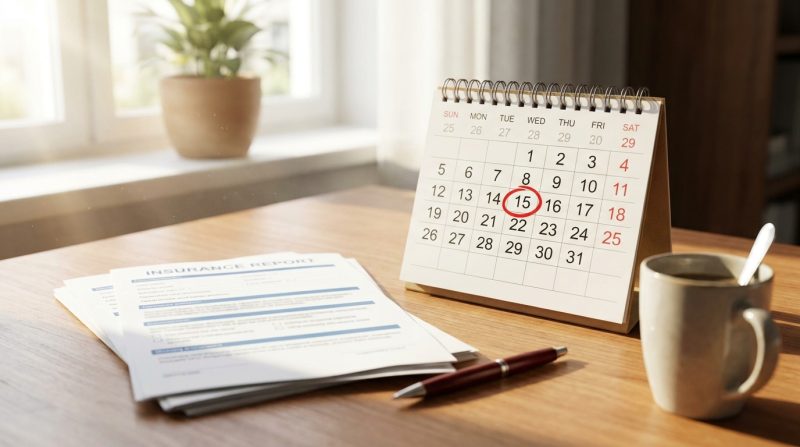 Kalender mit markiertem Stichtag und Versicherungsunterlagen